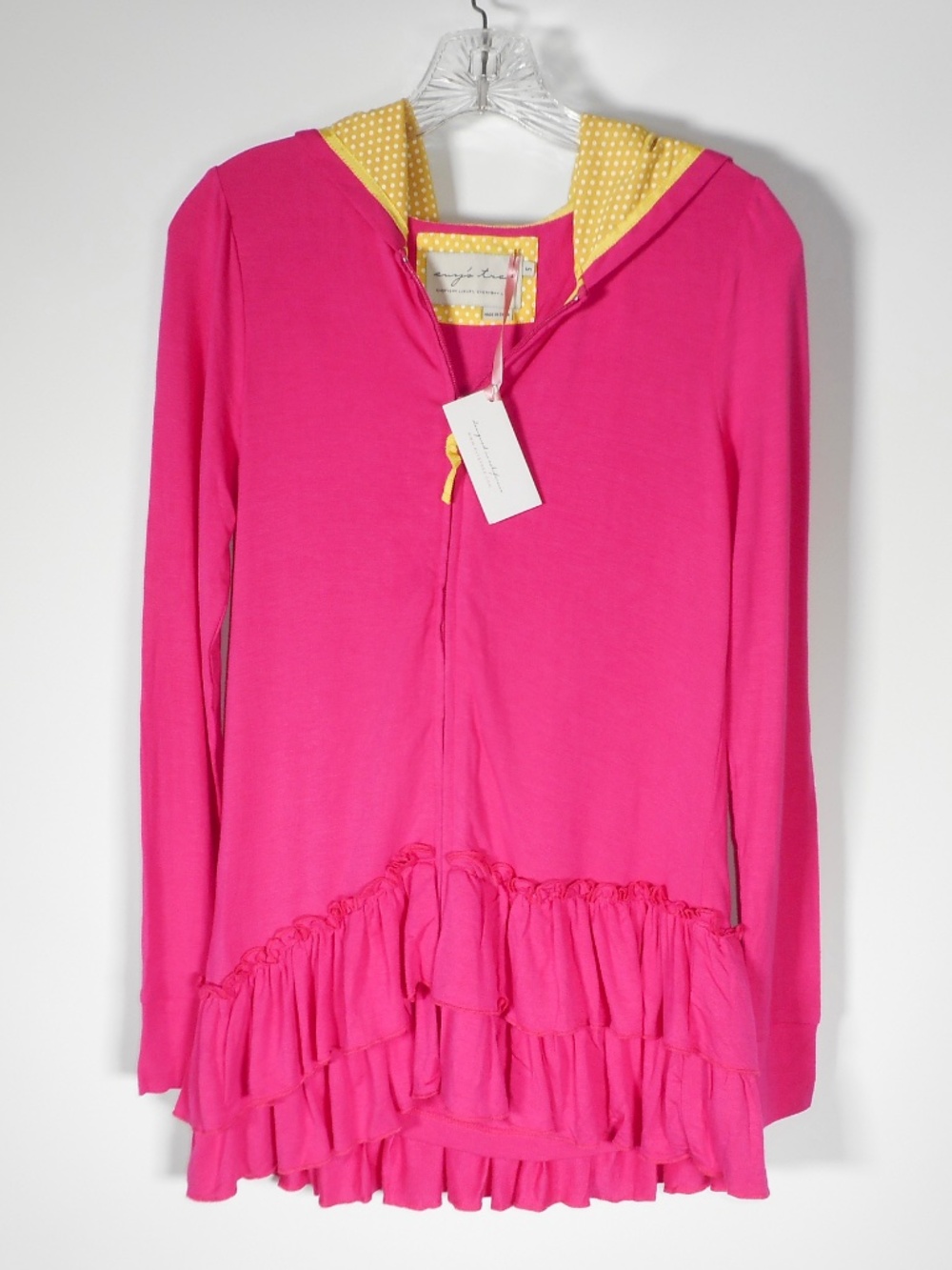 NWT Evy’s Tree Hot Pink S Ruffle Hem Zip-up Hoodie Stretch Yellow Polka Dot Long
